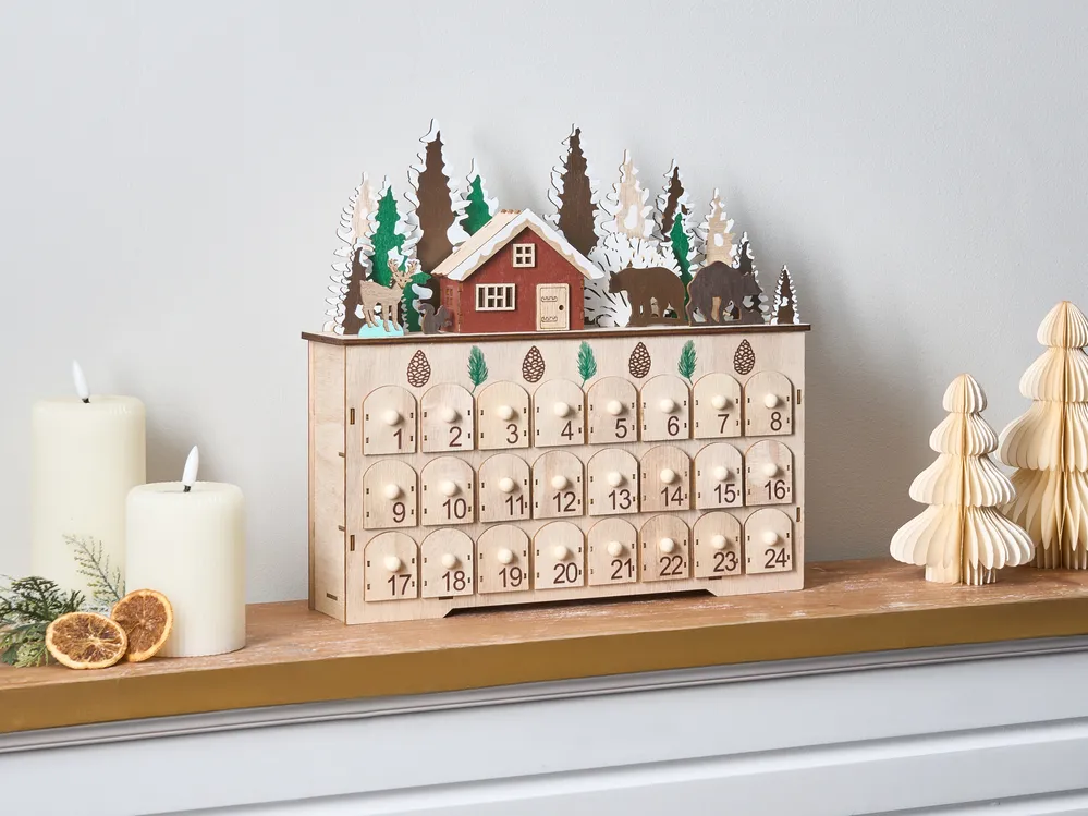 Calendrier De L'Avent En Bois Éclairé - 33 X 22 Cm - Décor De Noël