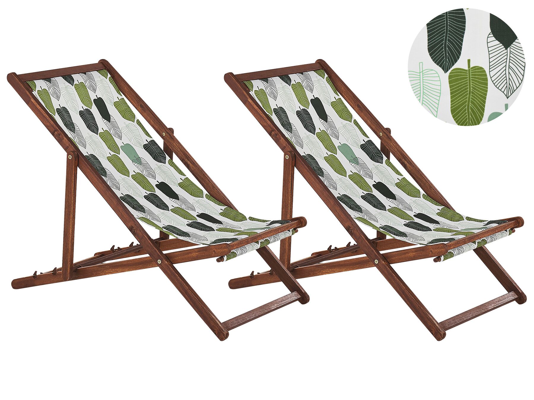 Set di 2 sedie a sdraio legno acacia scuro motivo foglie bianco e verde ANZIO_819830