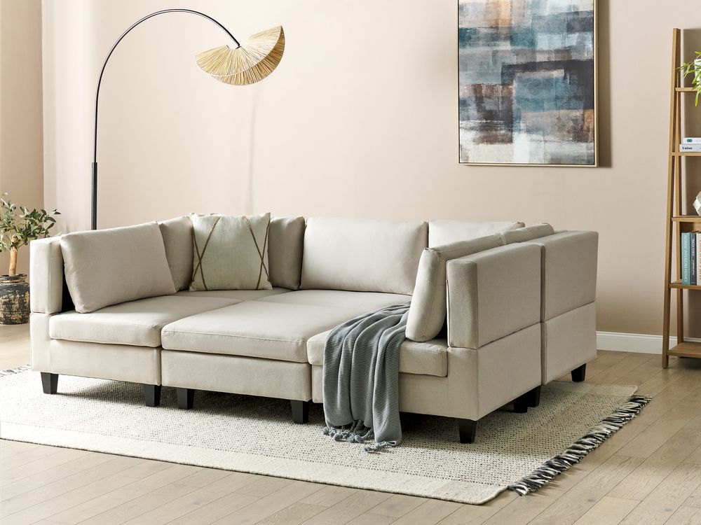 Modular U-Shape Sofa 5 Seater UNSTAD with Ottoman Fabric Light Beige