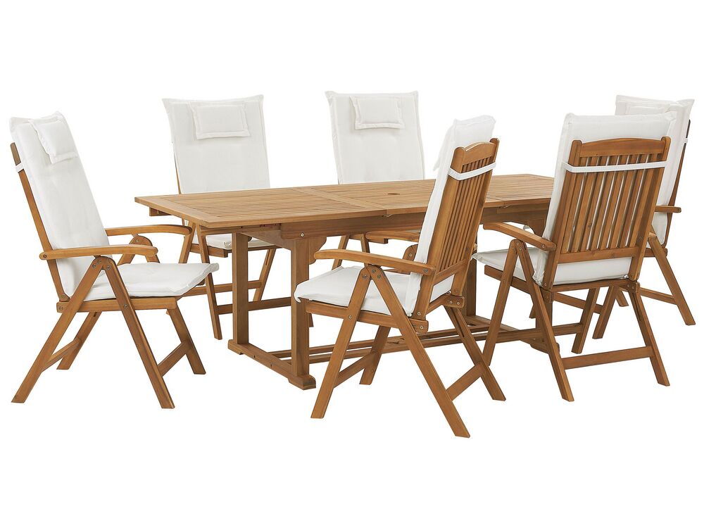 Conjunto de comedor exterior 6 plazas JAVA con cojines Madera de acacia Blanco crema