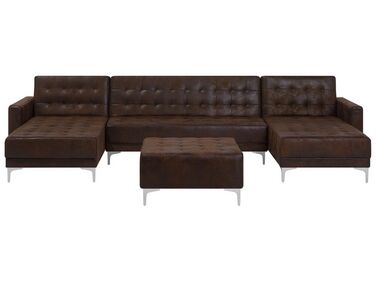 5 Seater U-Shaped Modular Faux Leather Sofa with Ottoman Brown ABERDEEN