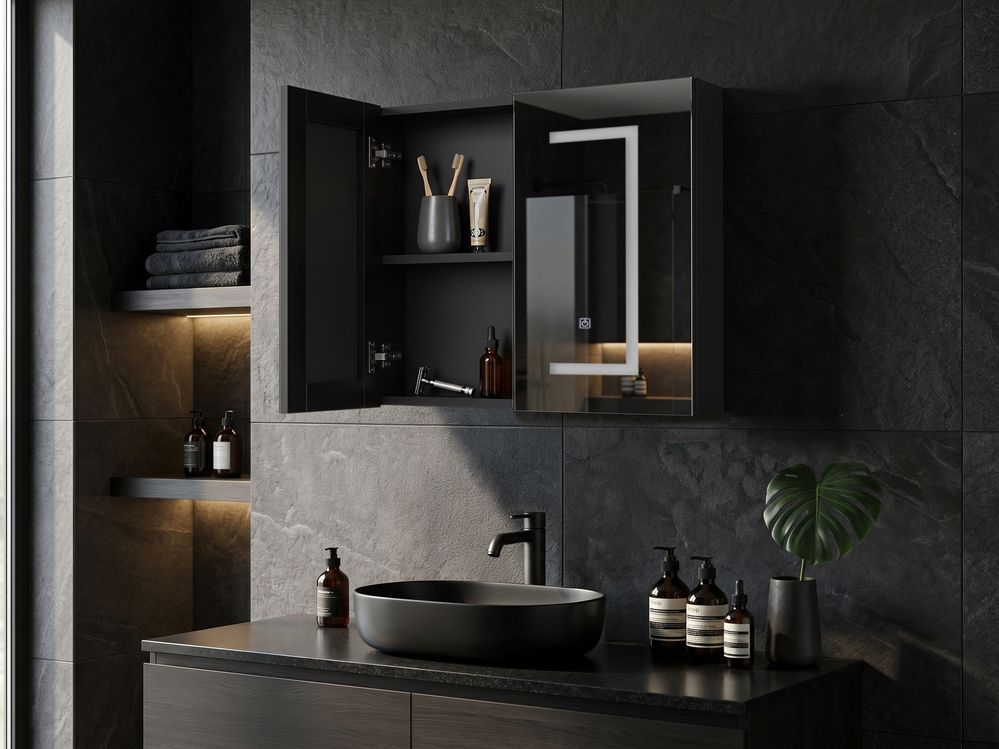 Bathroom Wall Mounted Mirror Cabinet LED MAZARREDO 60 cm x 60 cm Black
