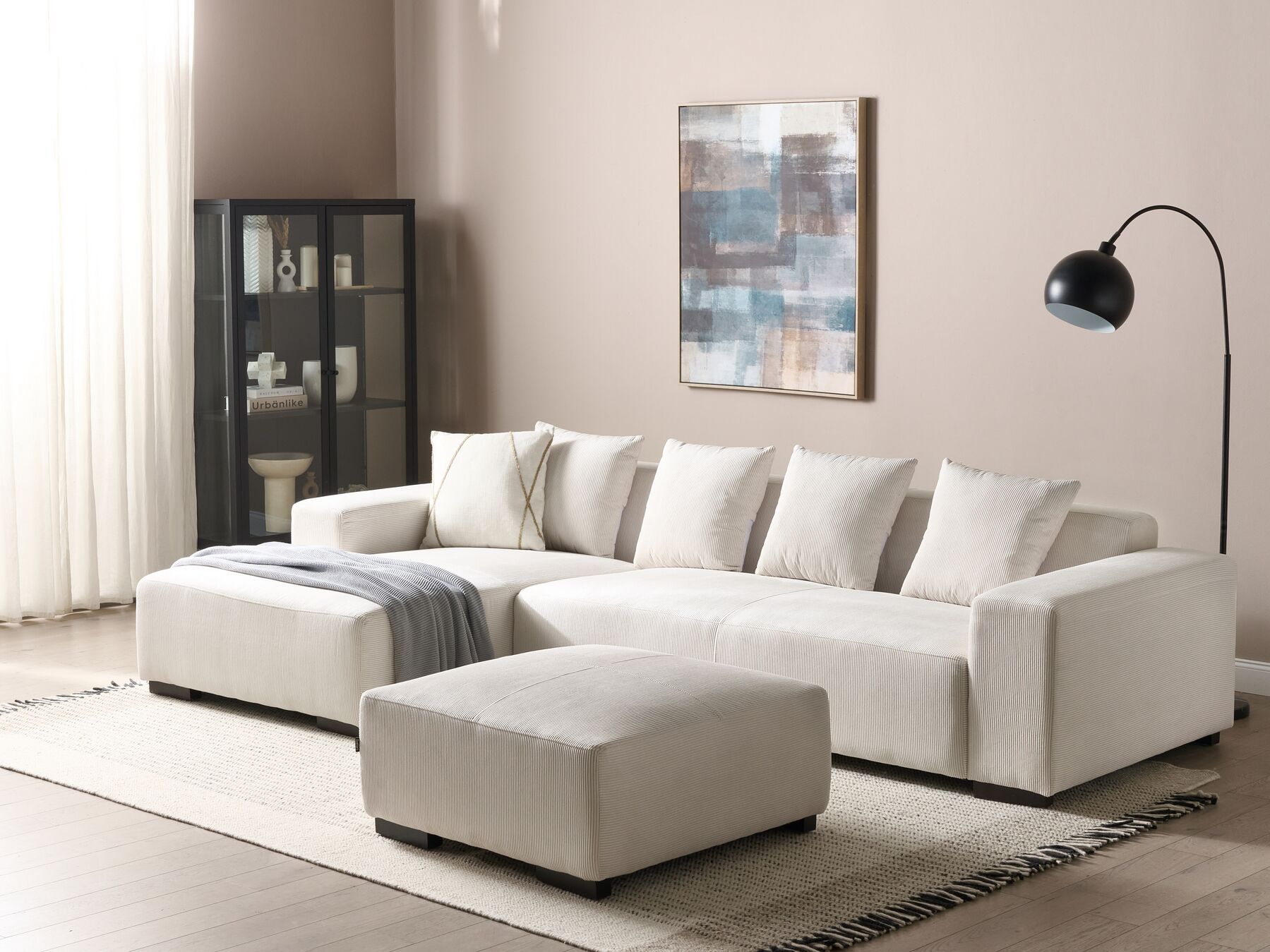 Høyrehånds hjørnesofa med ottoman kordfløyel Off-White LUNGO_898421