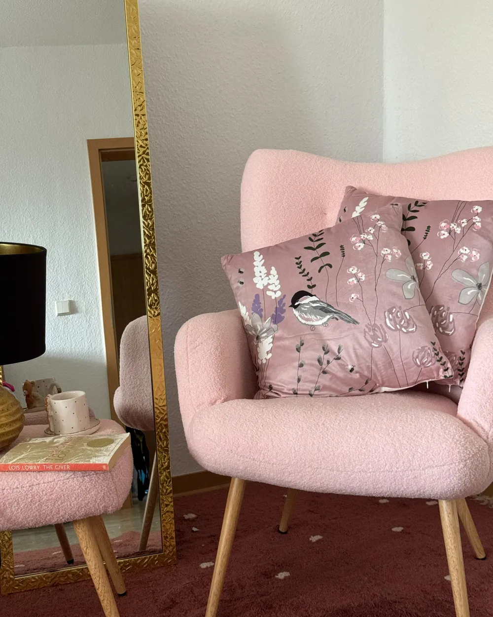 Wingback Chair Pink Living Room Chair Wingback Chair VEJLE With Footstool  Boucle Pastel Pink