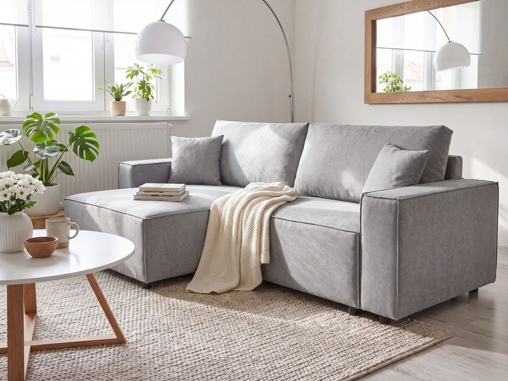 Corner Sofa Bed KARILA with Storage Fabric Grey Right Hand