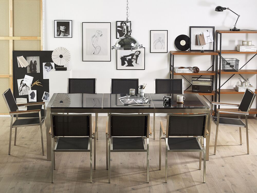 8 Seater Garden Dining Set Black Granite Top and Black Chairs GROSSETO Beliani