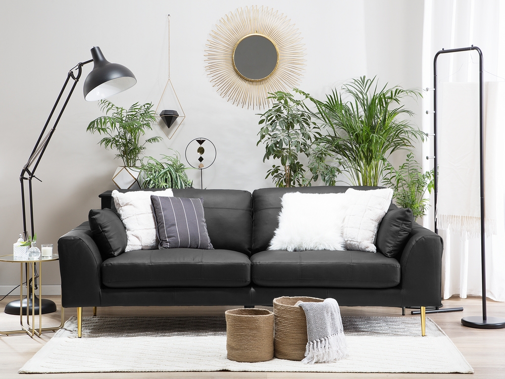 Black leather sofa living room discount