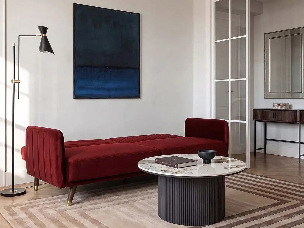 Sofa rozkładana dla 3 osób SENJA Welur Bordowy_1154854