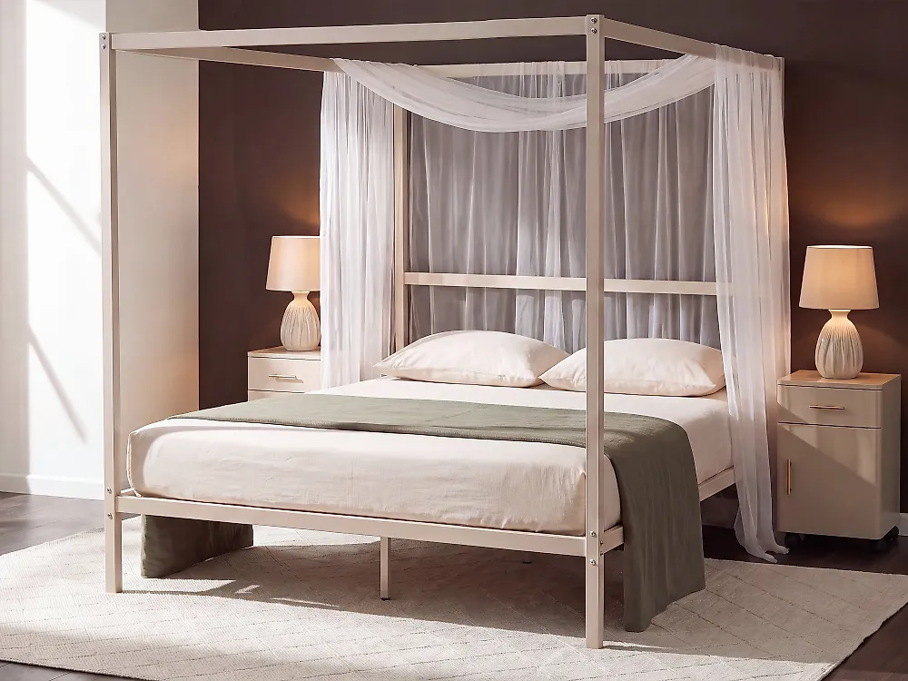Four Poster Bed Metal LESTARDS 140 x 200 cm (EU Double) Light Beige