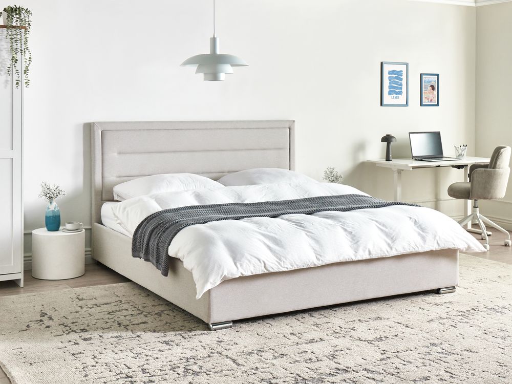 Cama con almacenaje ROUEN Tela Beige claro 180 x 200 cm