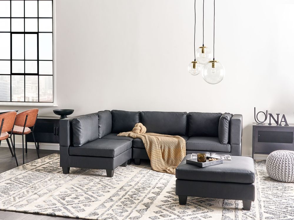 Modular Corner Sofa 4 Seater UNSTAD with Ottoman Faux Leather Black Right Hand