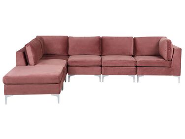 Sofá de canto de 5 lugares em veludo rosa com repousa-pés versão à direita EVJA