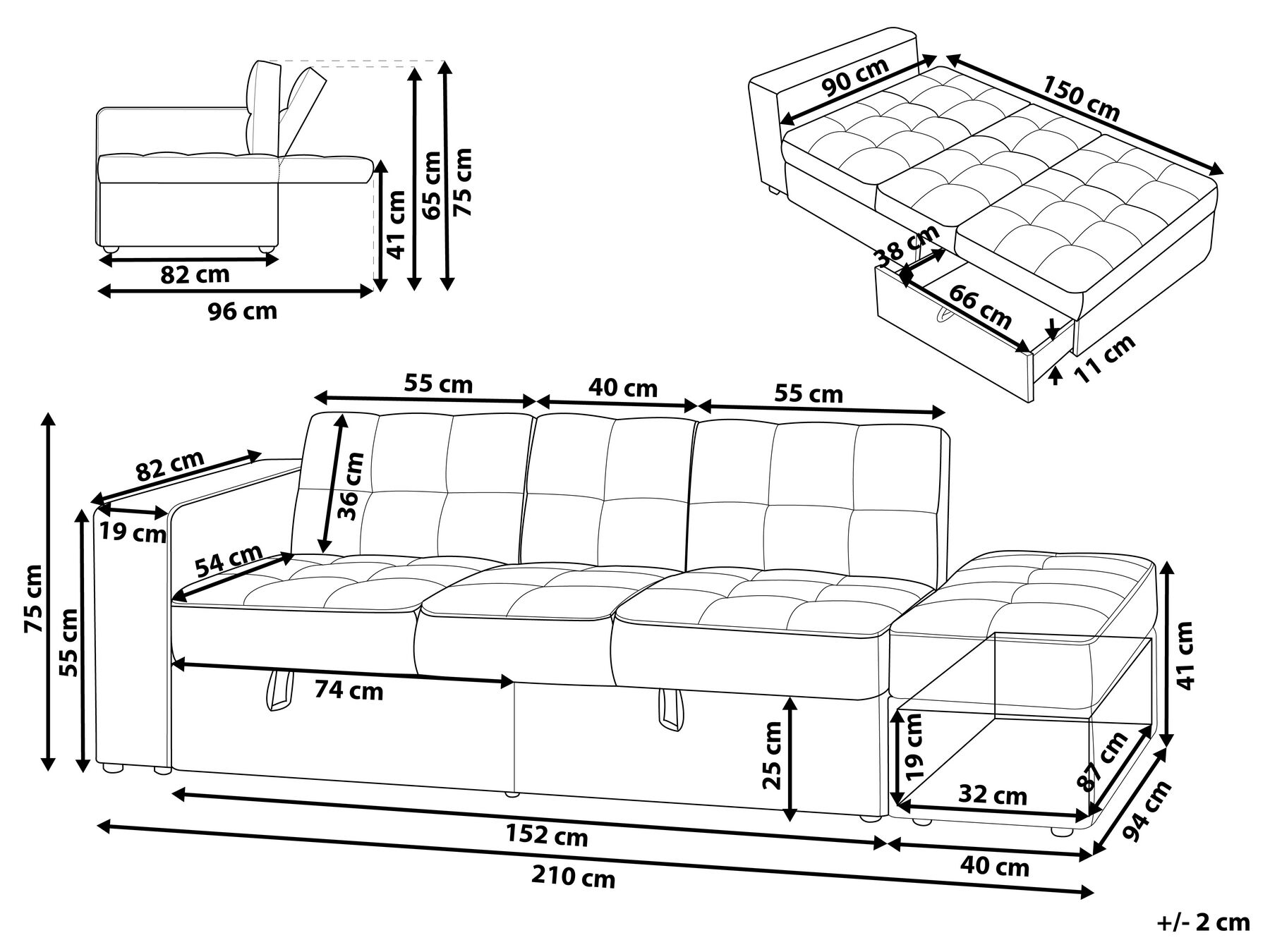 Sofa Bed 3 Seater FALSTER with Storage Fabric Dark Grey_799849
