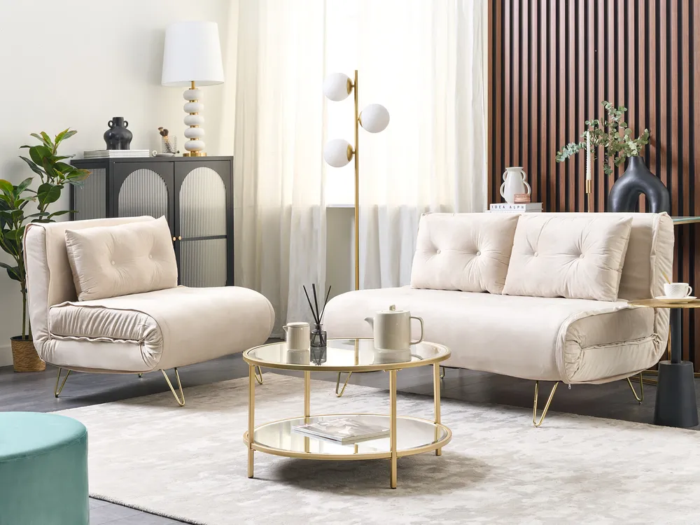 Divano letto singolo VESTFOLD Velluto Beige_850943