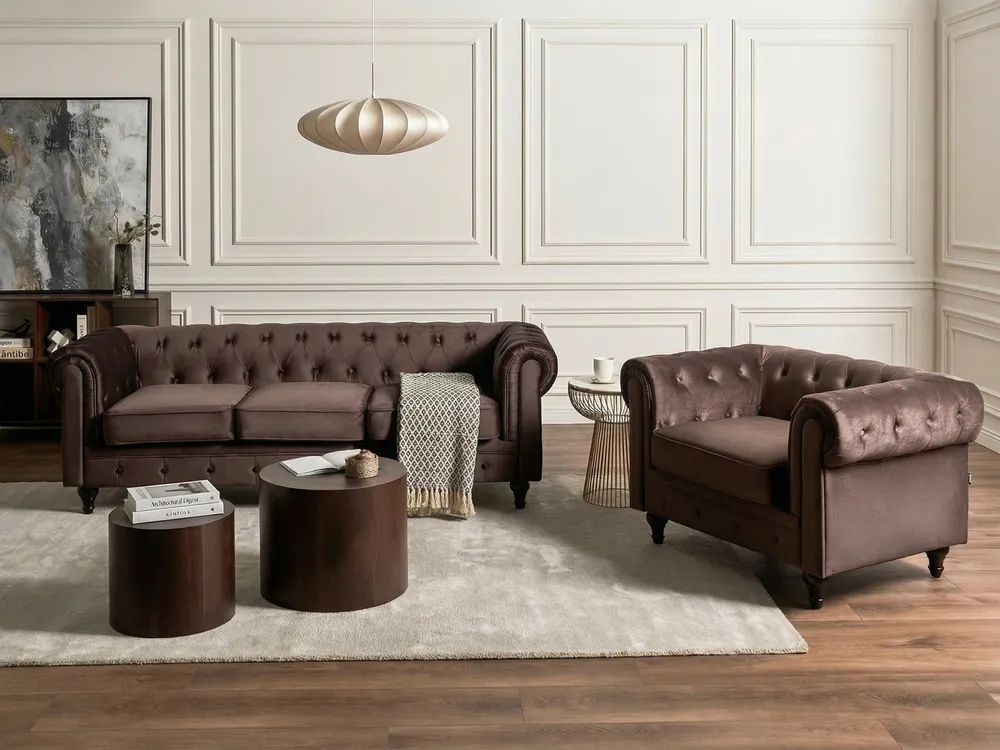Divano 3 posti CHESTERFIELD Velluto Marrone scuro_1065037