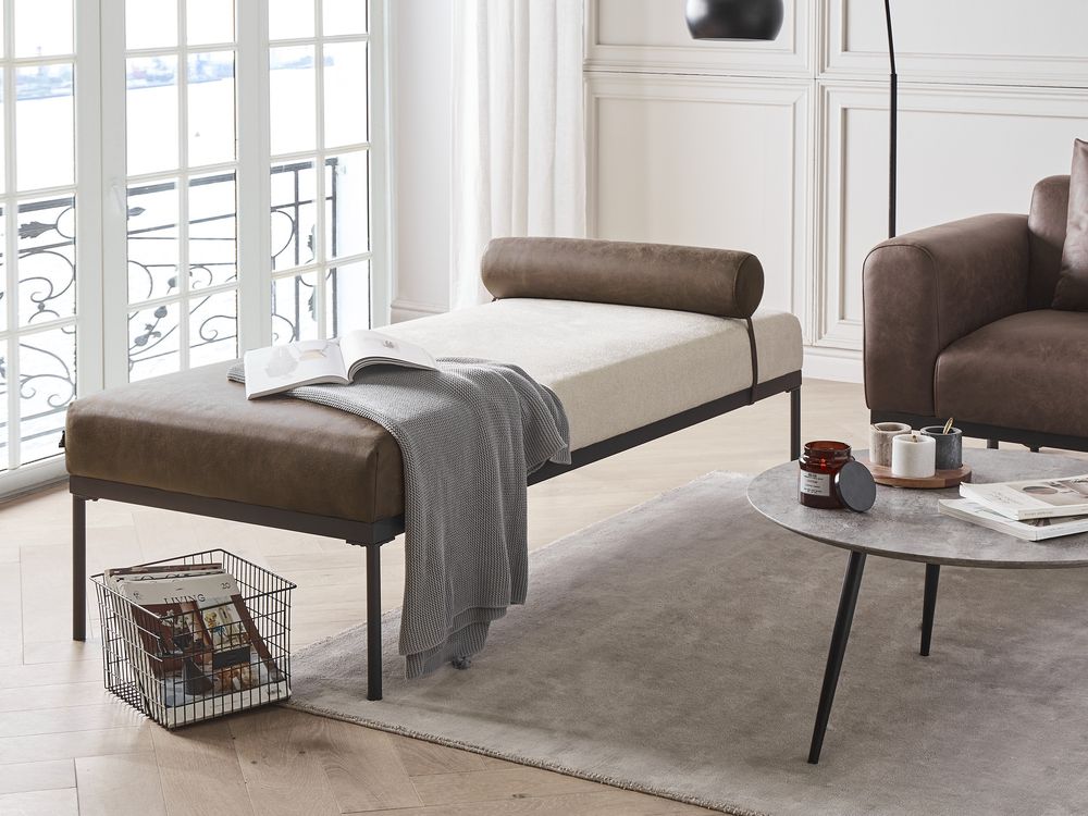 Faux Linen Faux Leather Chaise Lounge Beige and Dark Brown MALMOS Beliani.cz