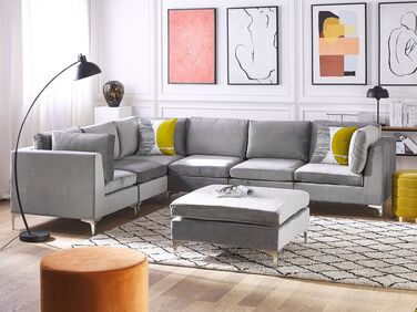 Right Hand 6 Seater Modular Velvet Corner Sofa with Ottoman Grey EVJA