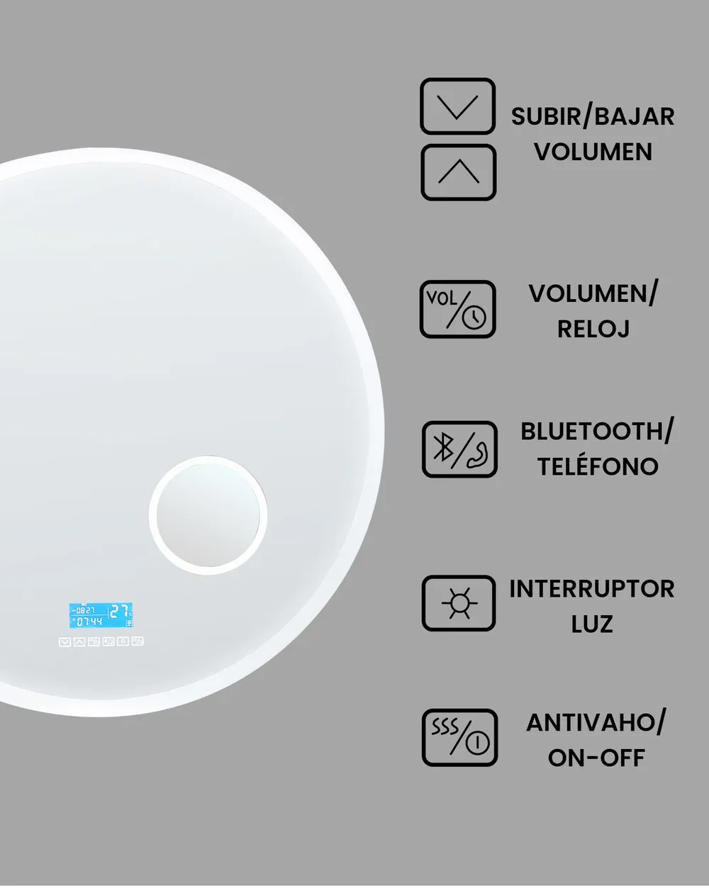 Espejo de baño LED FIXIN 80 cm 80 cm con altavoz Bluetooth integrado Plateado_940618