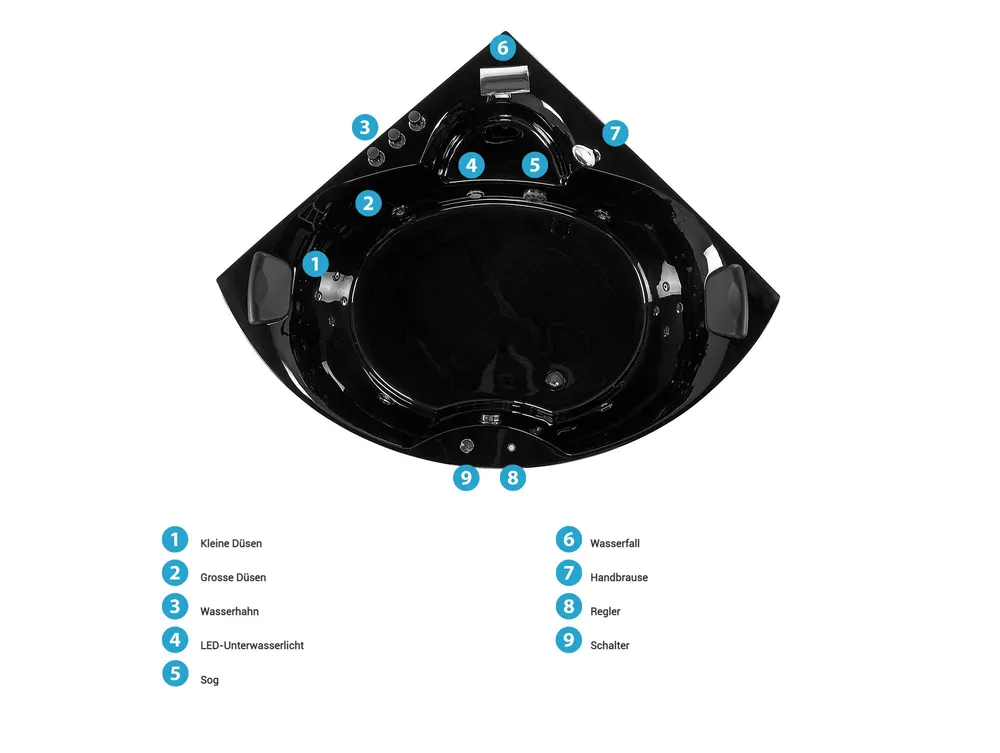 Whirlpool Badewanne Eckmodell mit LED SENADO 205 x 150 cm Schwarz_781369
