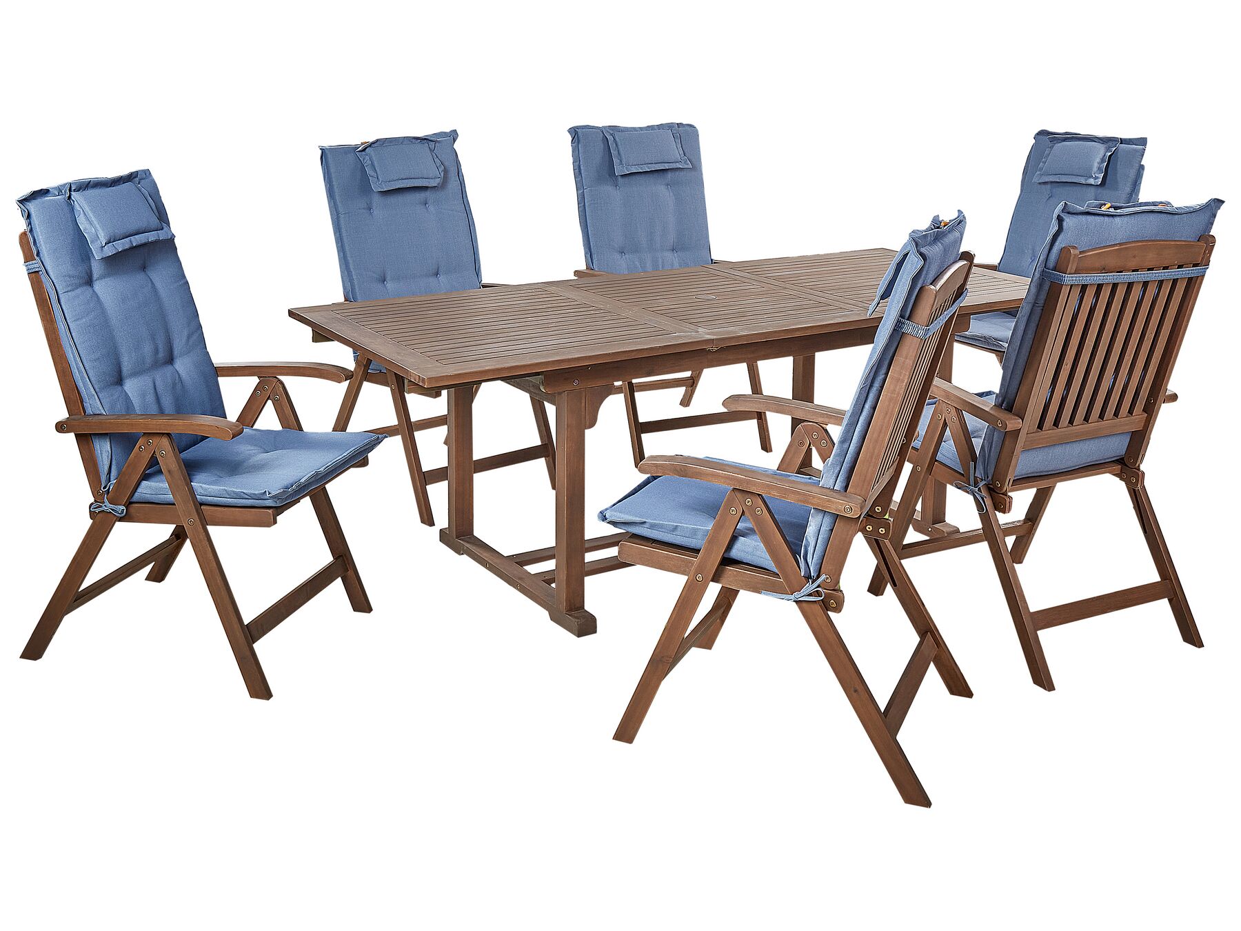 Set da giardino con 6 sedie legno di acacia scuro con cuscini blu AMANTEA_880384
