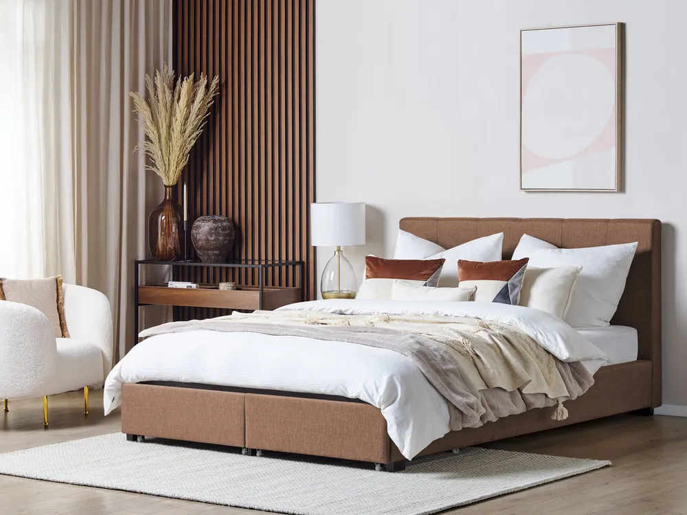 Bed with Storage Drawers LA ROCHELLE Fabric Brown 180 x 200 cm (EU Super King)_833019