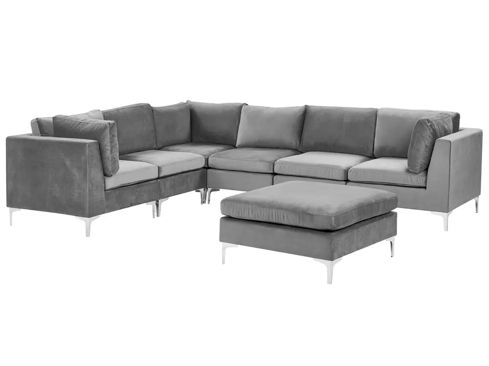 Modular Corner Sofa 6 Seater EVJA Velvet Grey with Ottoman Right Hand ...
