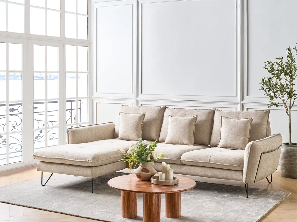 Corner Sofa 3 Seater SERSAN Chenille Beige Right Hand_930923