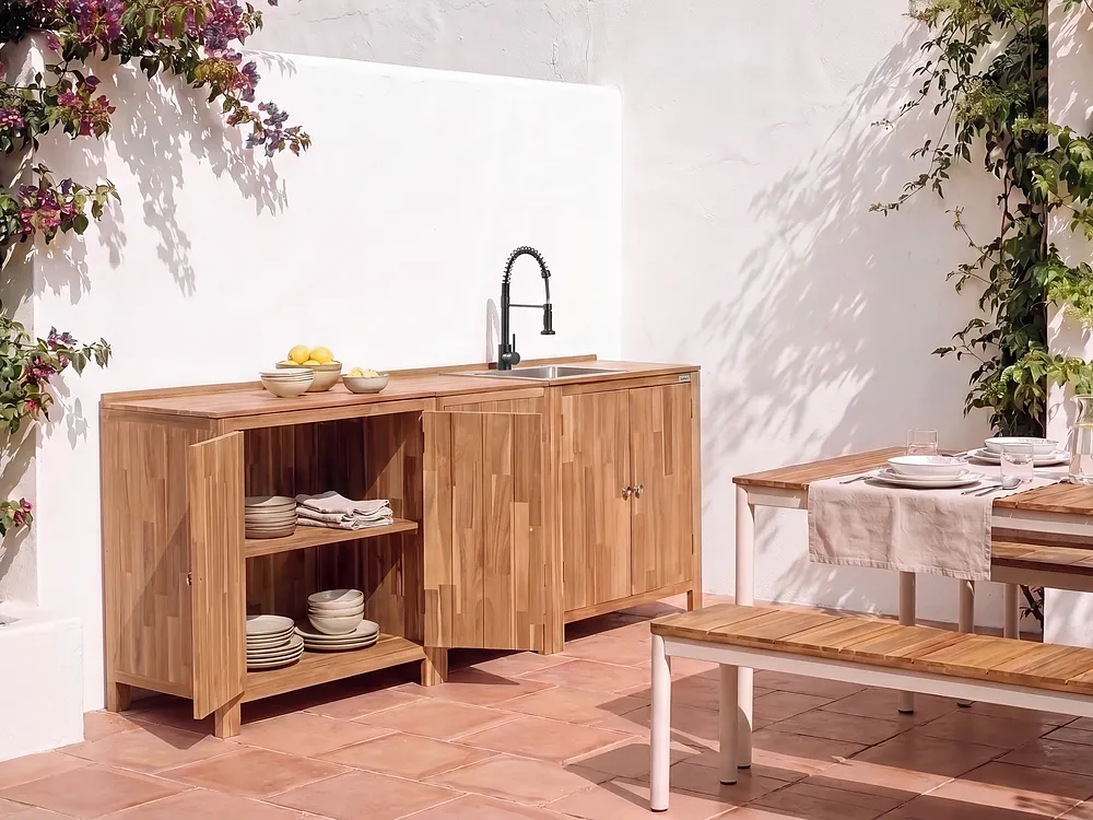 Set cucina da esterno 3 elementi con lavello VENOSA Marrone/Nero Legno d'acacia_1155573