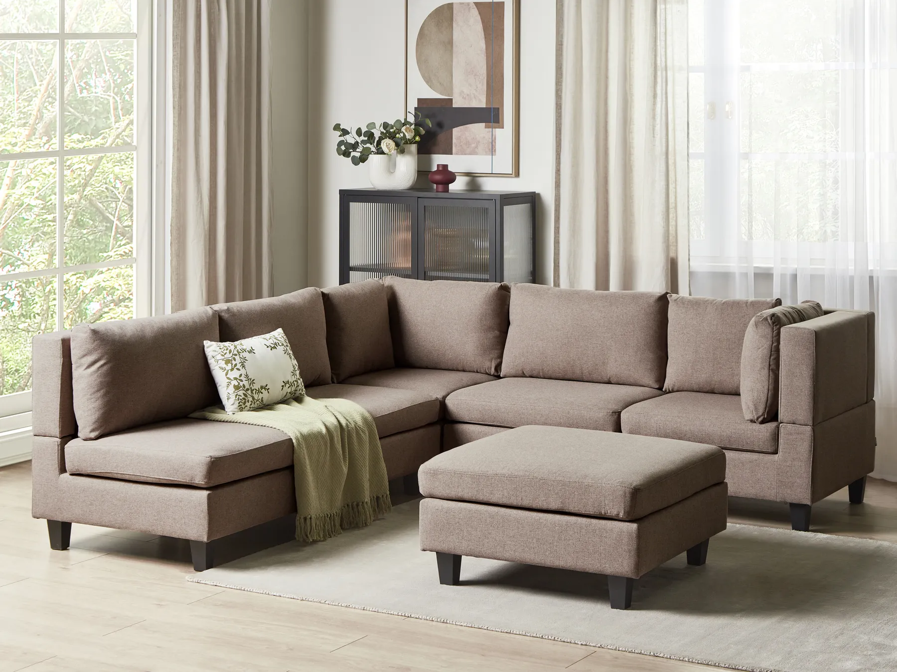 Modular Corner Sofa 5 Seater UNSTAD with Ottoman Fabric Brown Left Hand_924991