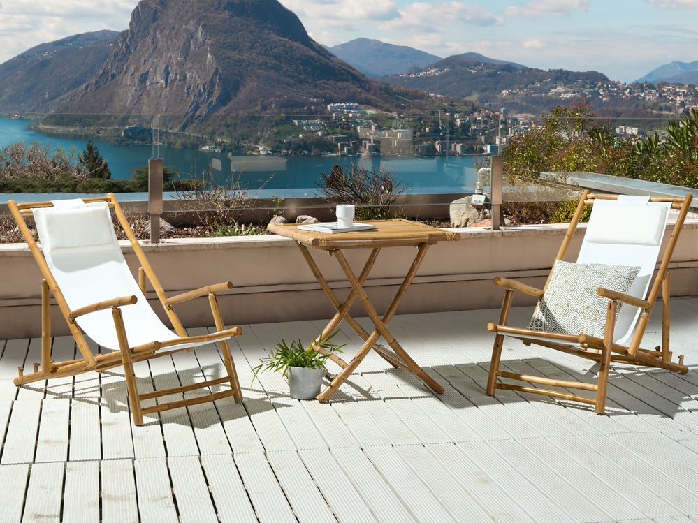 2 Seater Bamboo Sun Lounger Set with Coffee Table Light Wood and Off White ATRANI MOLISE Beliani