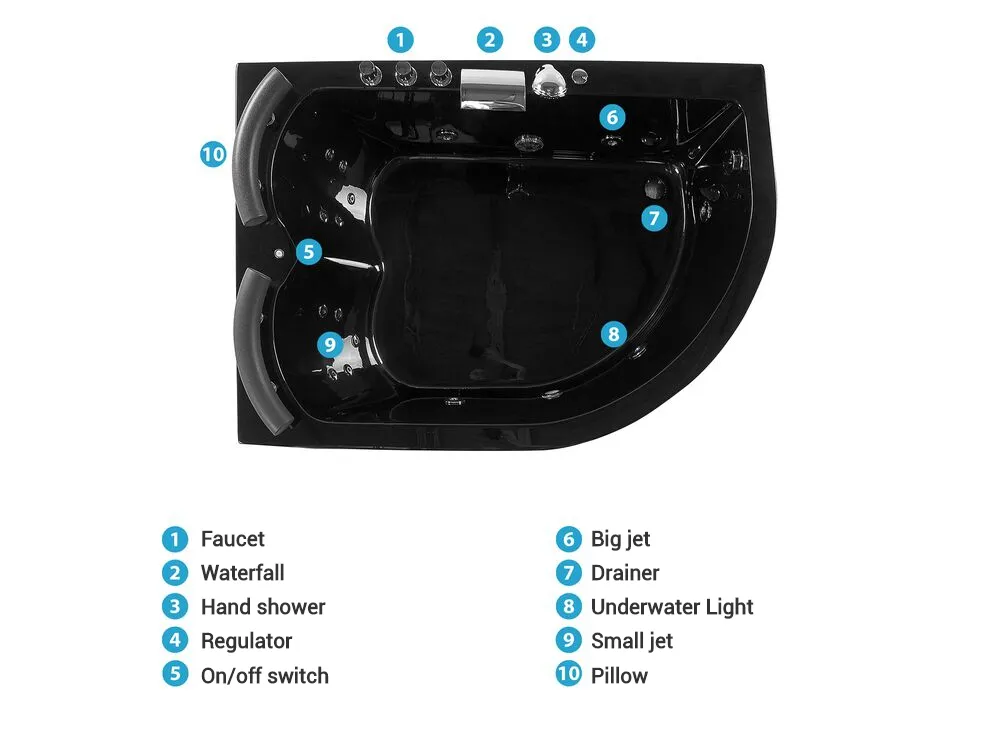 Corner Hot Tub with LED PARADISO 1580 x 1130 mm Black Right Hand_781603