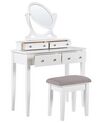 Toalettbord 4 lådor oval spegel och pall vit LUNE_786327