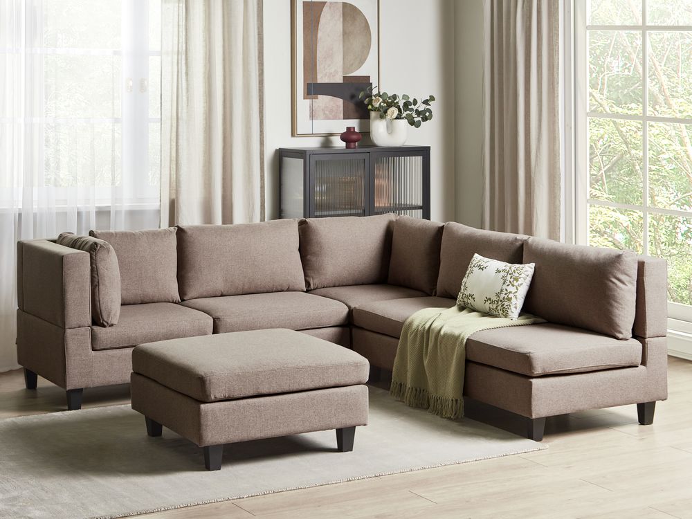 Canapé d'angle modulable 5 places UNSTAD avec ottoman Tissu Marron Côté droit