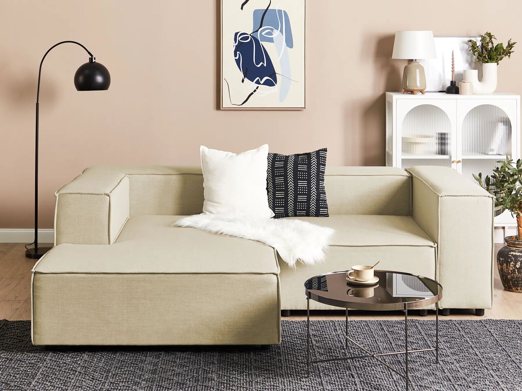 Modular Corner Sofa 2 Seater APRICA Faux Linen Beige Right Hand_856930