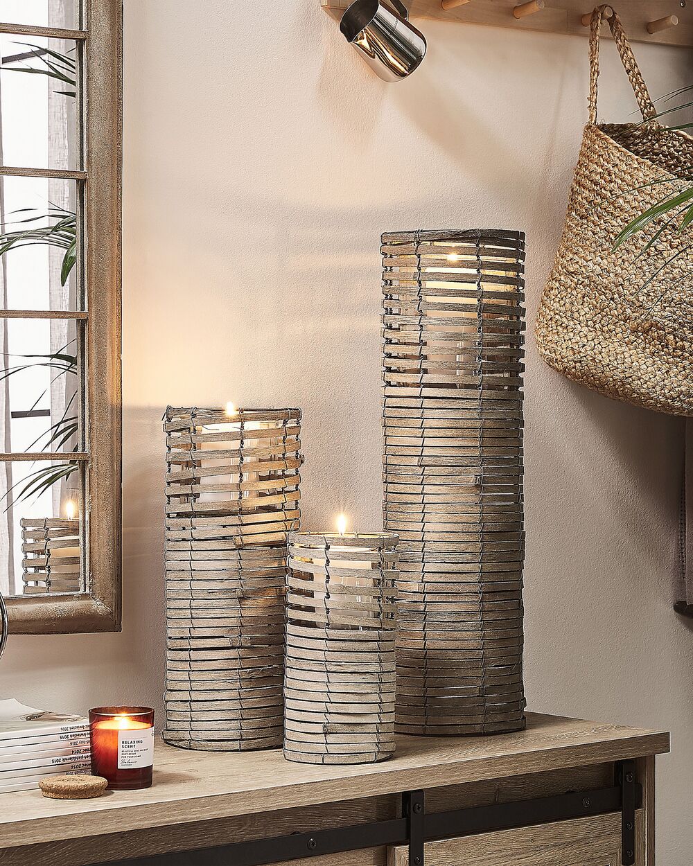 Set of 3 Candle Holders ROVARE 60/39/25 cm Poplar Wood Grey