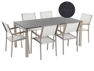 Hatszemélyes fekete gránit étkezőasztal fehér textilén székekkel GROSSETO