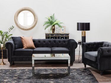 Velvet Living Room Set Black CHESTERFIELD