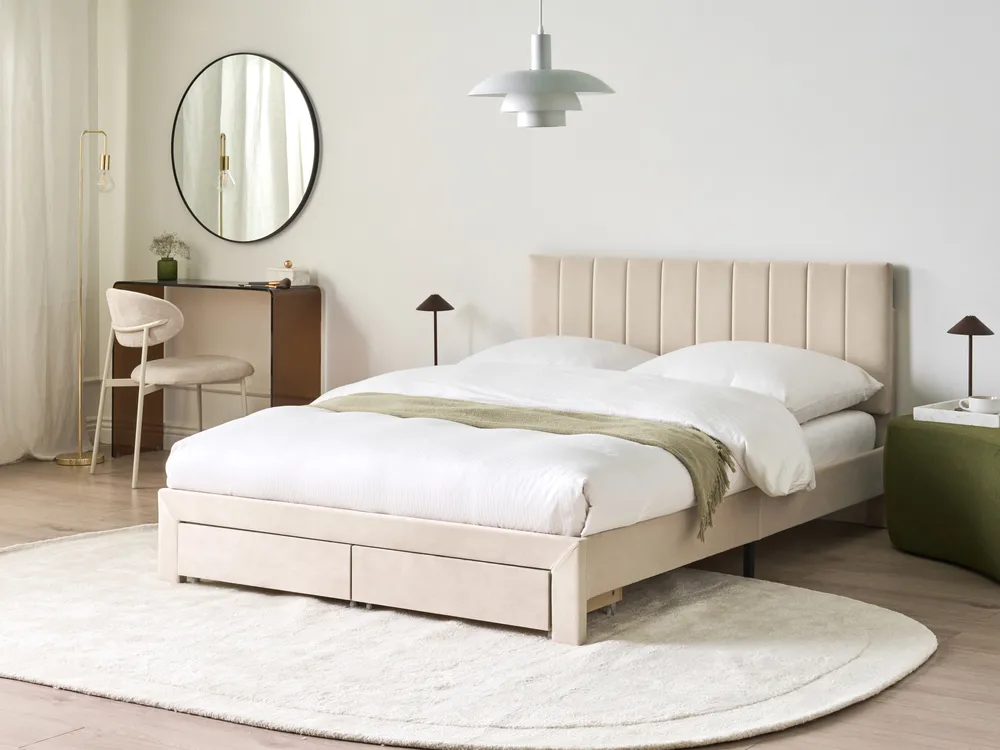 Bett mit Schubladen LONZAC Samtstoff Beige 140 x 200 cm_1014627
