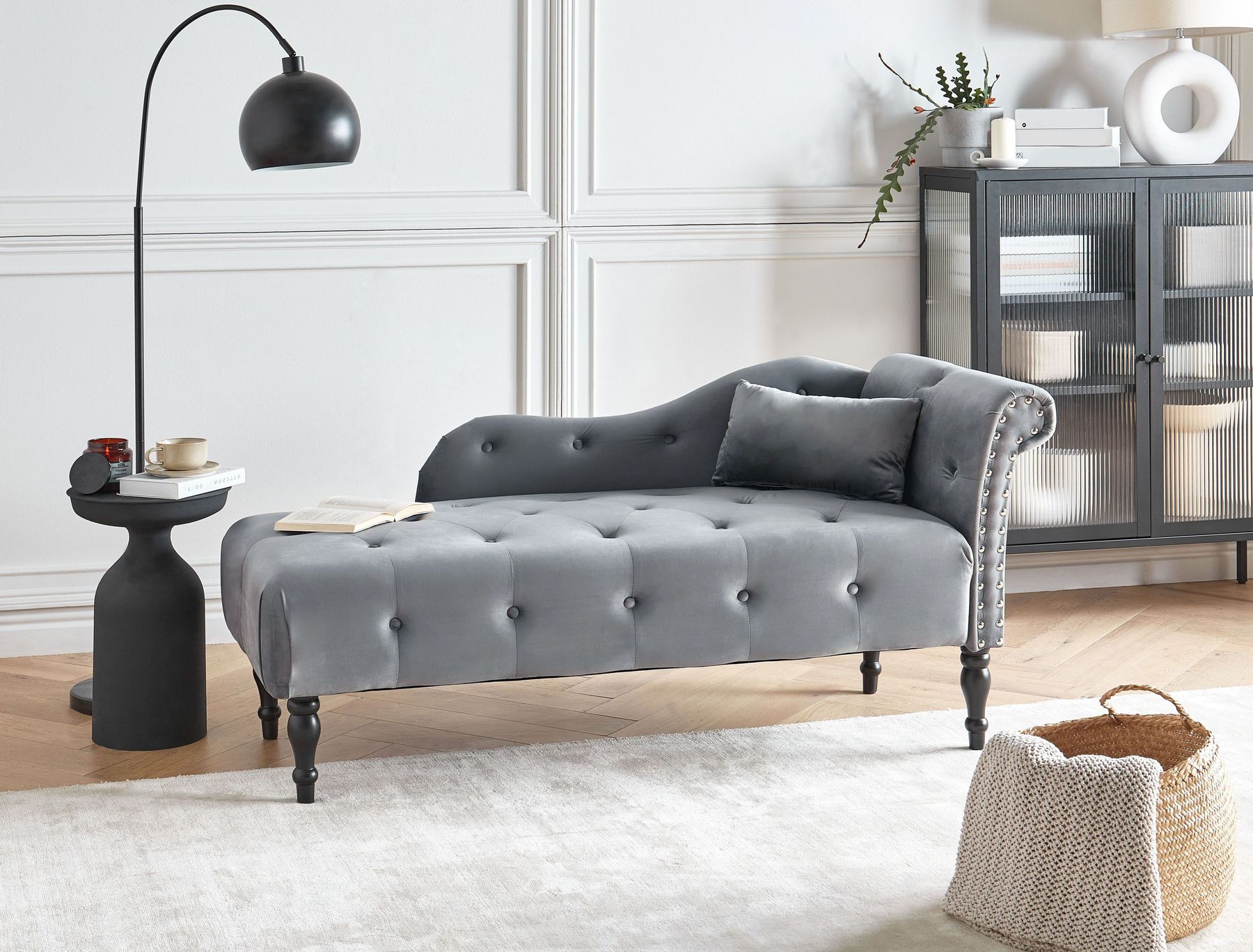 Szezlong welurowy prawostronny szary IVRY_1000710