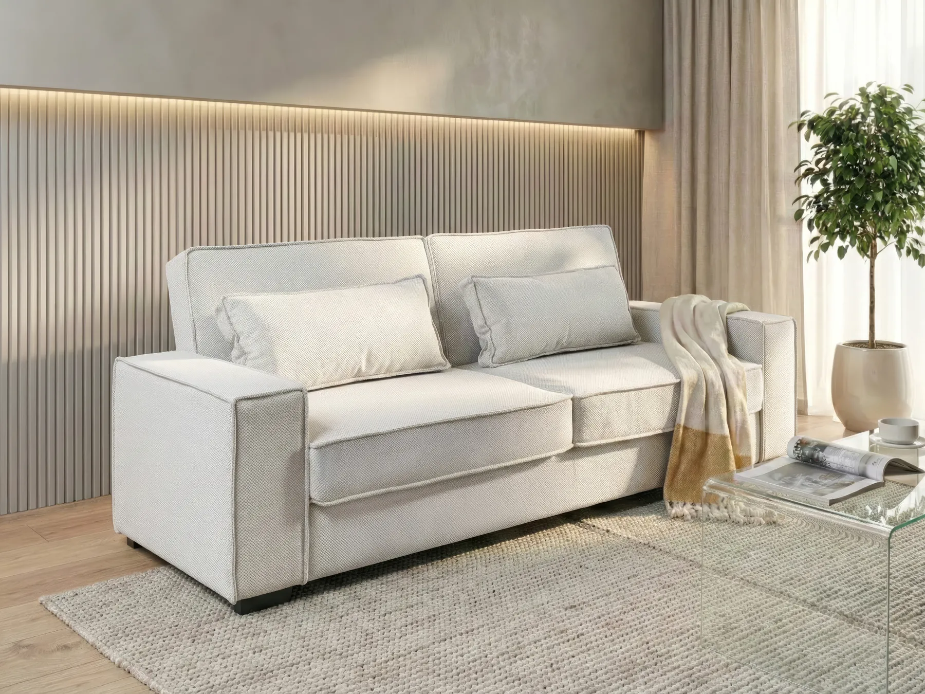Sofa Bed 3 Seater AROLE Fabric White_1056530