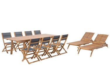 Conjunto de jardín de madera Mesa 8 sillas textileno gris oscuro 2 tumbonas CESANA