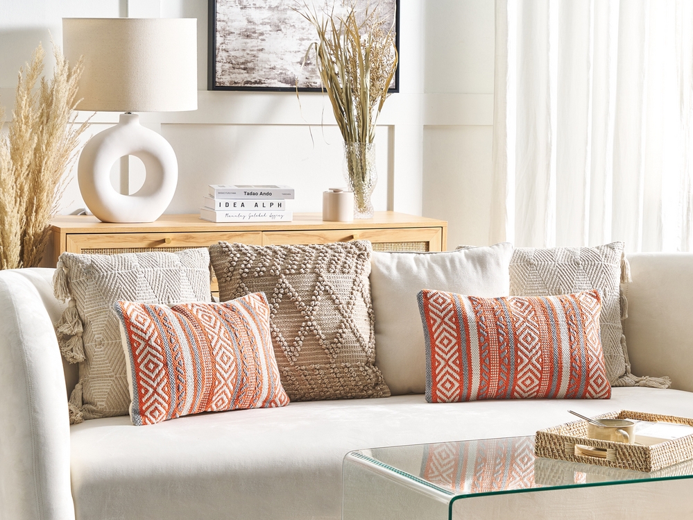 Set of 2 Cotton Cushions Geometric Pattern Orange and White 30 x 50 cm INULA Beliani