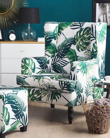 Armchair with Footstool Leaf Pattern White and Green SANDSET