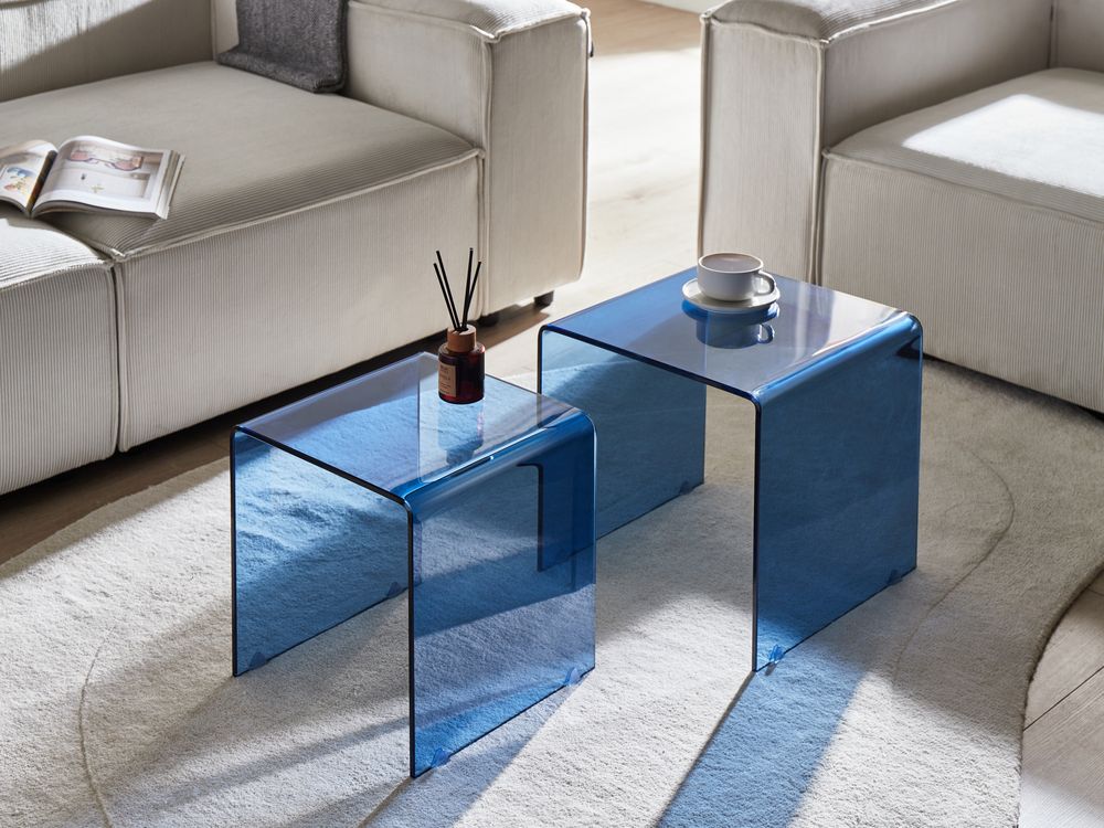 Lot de 2 tables d'appoint KENDALL Verre de sécurité Bleu