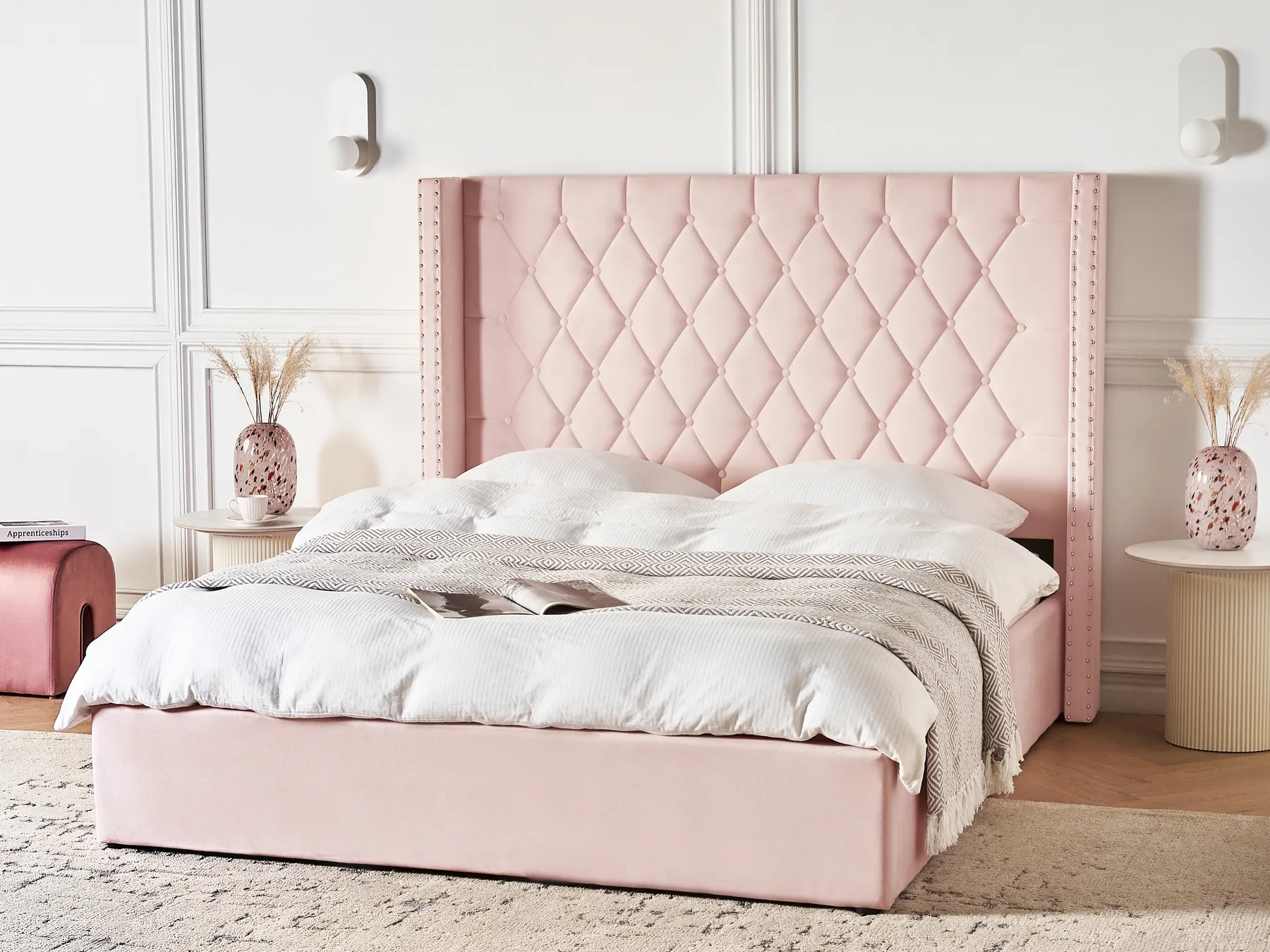 Ottoman Bed LUBBON Velvet Pastel Pink 160 x 200 cm (EU King Size)_833878