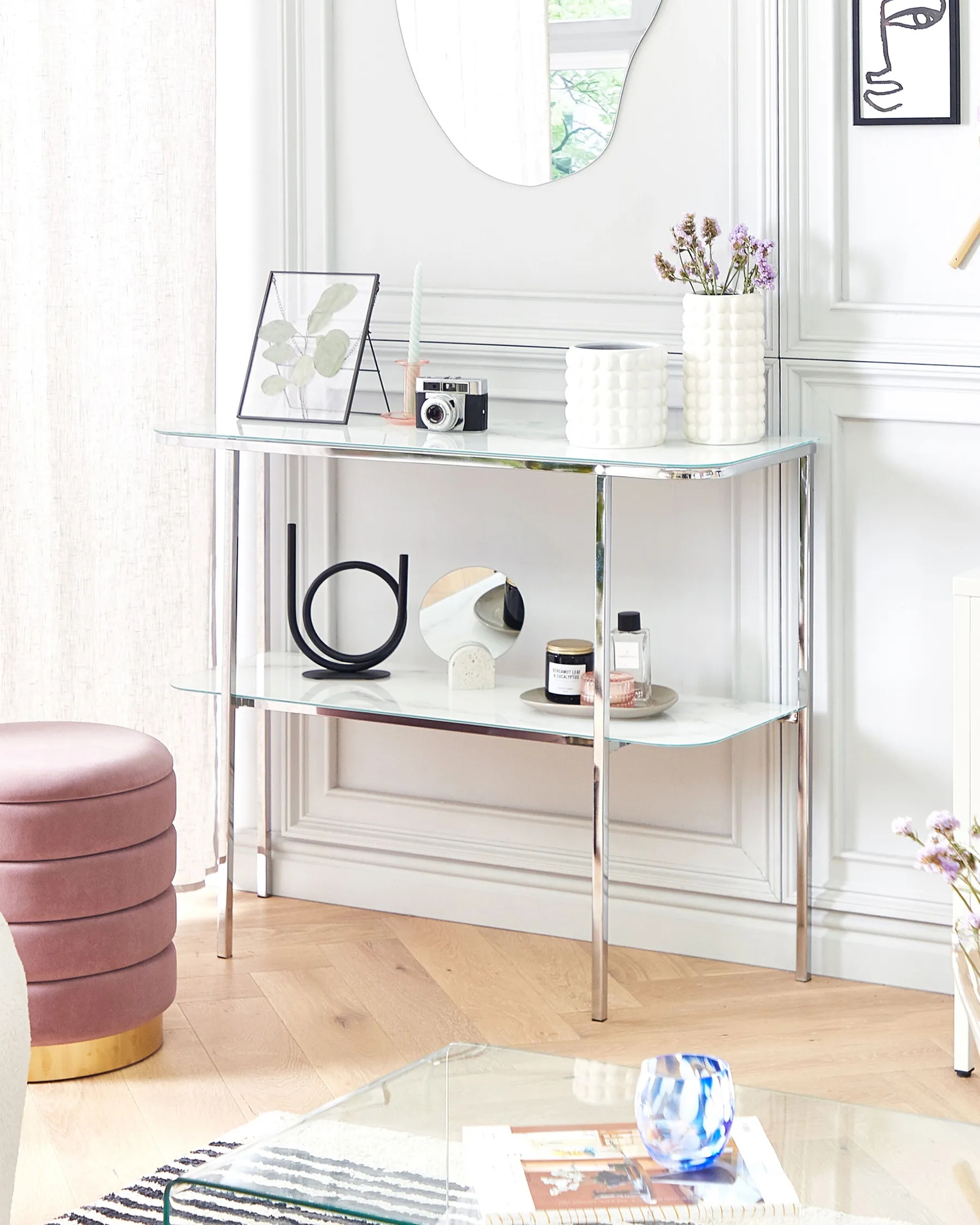 Console Table CALVERT Tempered Glass Marble/ Silver_823489