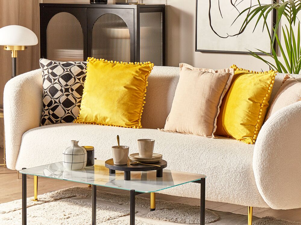 Set of 2 Velvet Cushions Pom Poms 45 x 45 cm Yellow AERANGIS Beliani