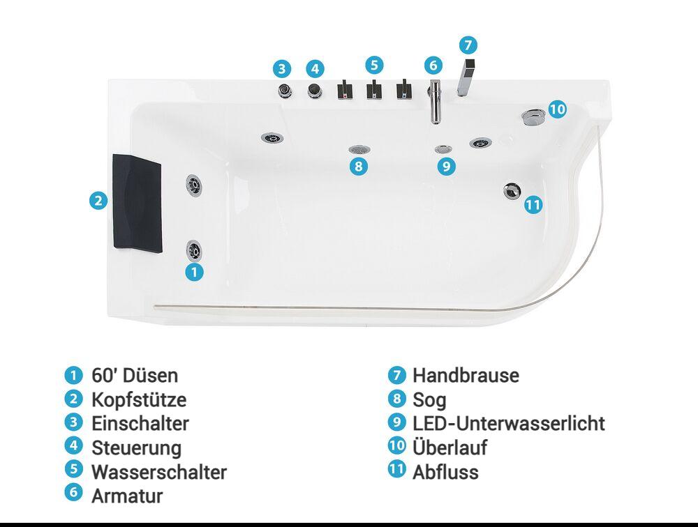 Whirlwanne Eckmodell mit LED ACUARIO 170 x 80 cm Weiß rechtsseitig_798412