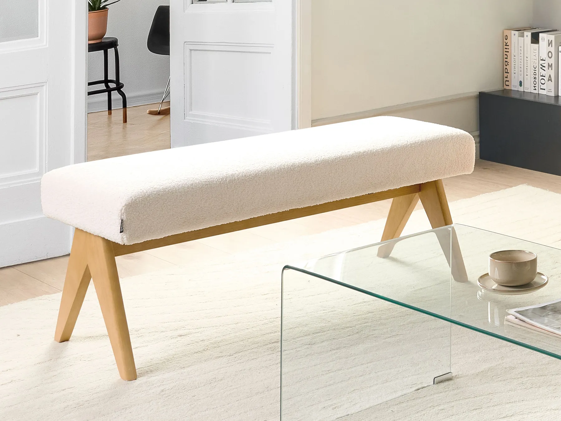 Upholstered Bench TAMRE Boucle Off-White/ Light Brown_985175
