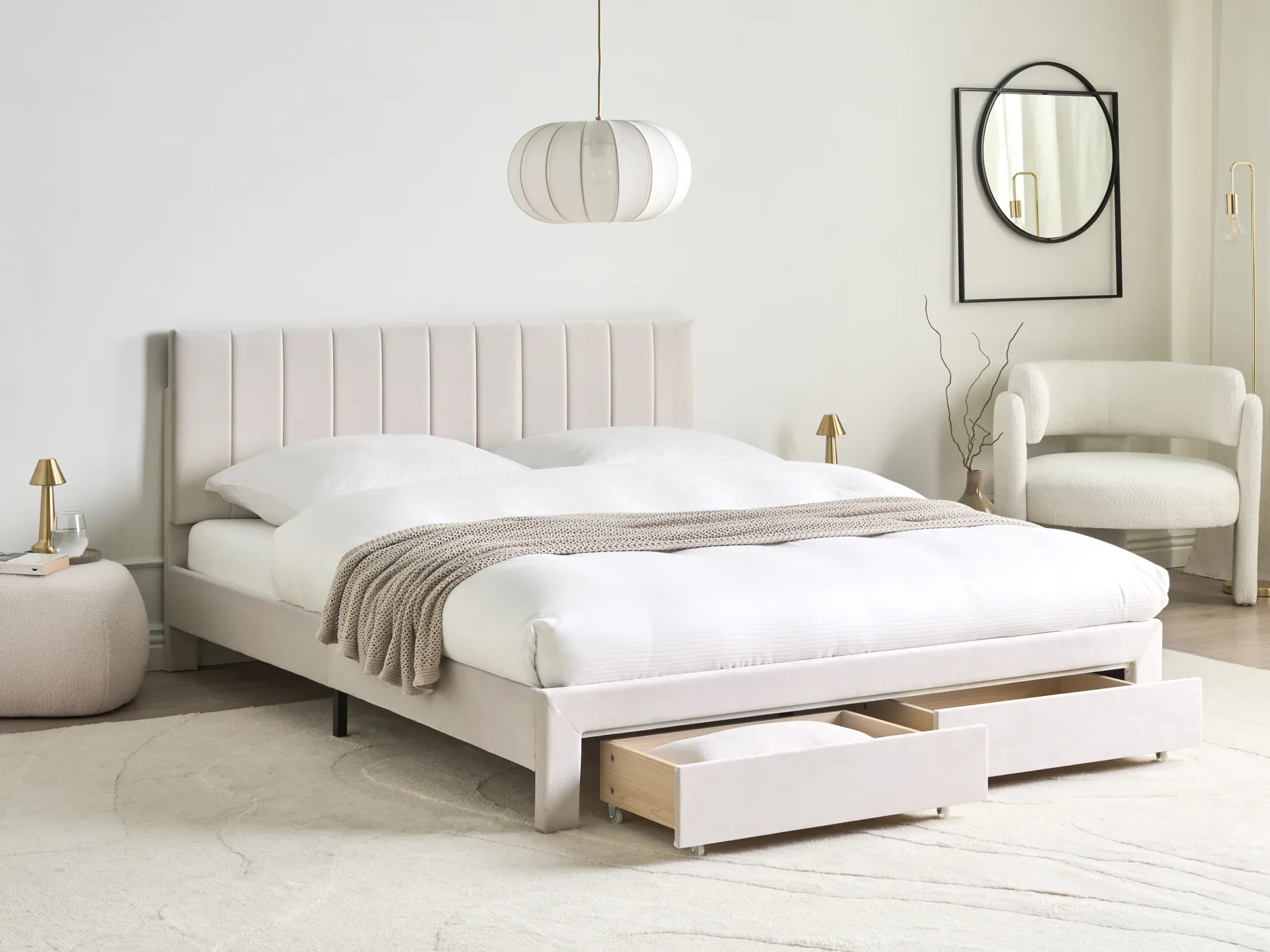 Bed with Storage Drawers LONZAC Velvet Off-White 160 x 200 cm (EU King Size)_1014778